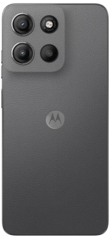 Czarny smartfon z aparatami i tyłem imitującym skórę.