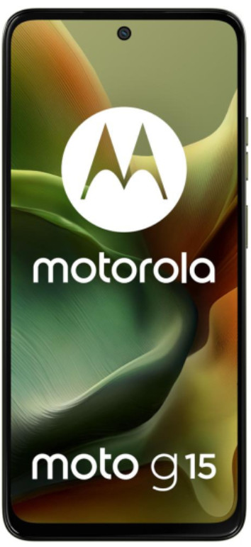 Smartfon Motorola Moto G15 na gradientowym tle.