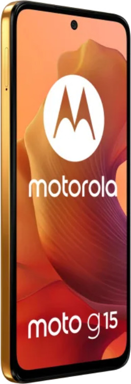 Złoty smartfon z dużym białym logo na pomarańczowym tle.