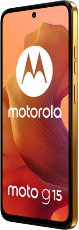 Złoty telefon Motorola. Wyświetla logo na gradientowym pomarańczowym tle. Telefon jest ustawiony pod kątem.