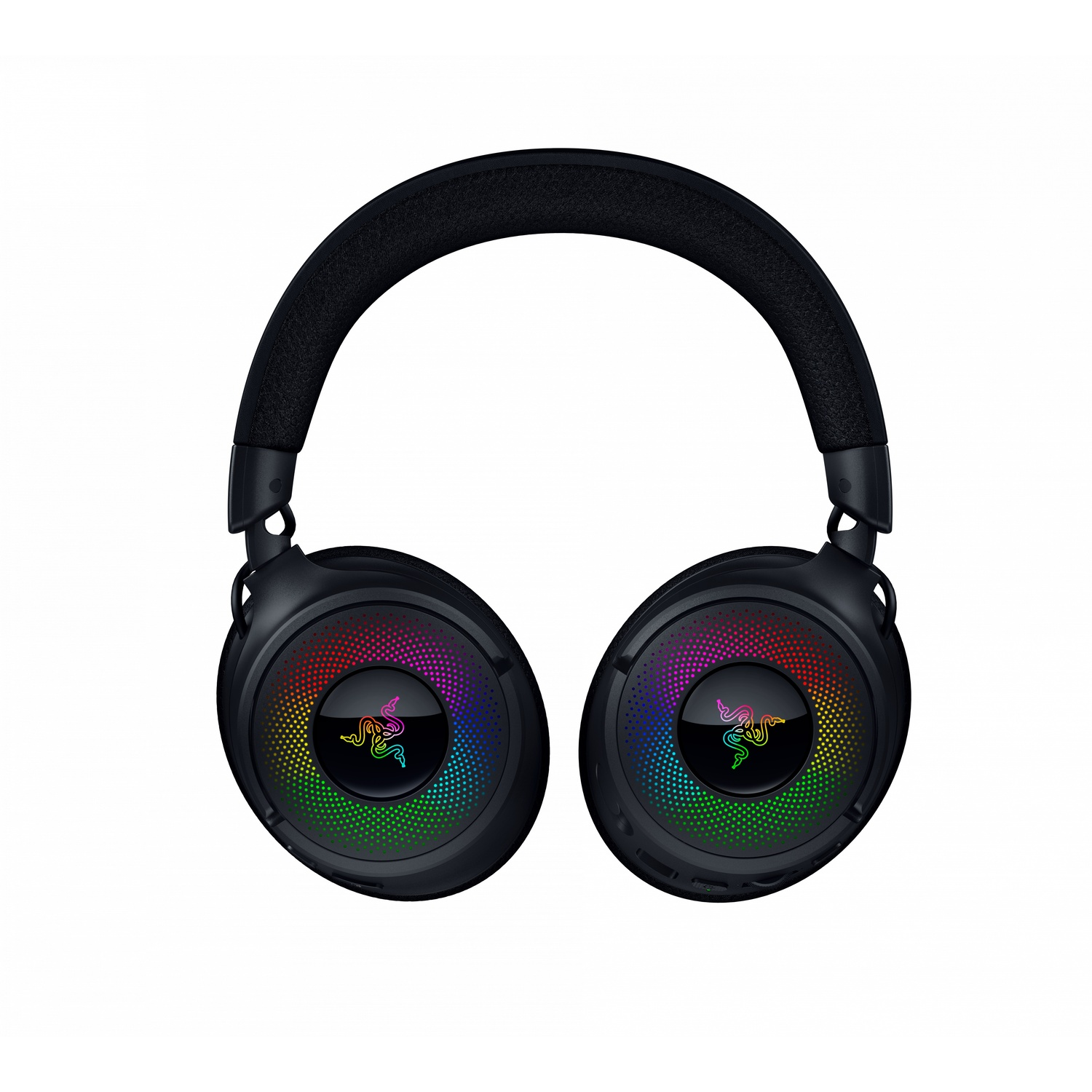 Casque noir avec des lumières colorées autour des oreillettes.