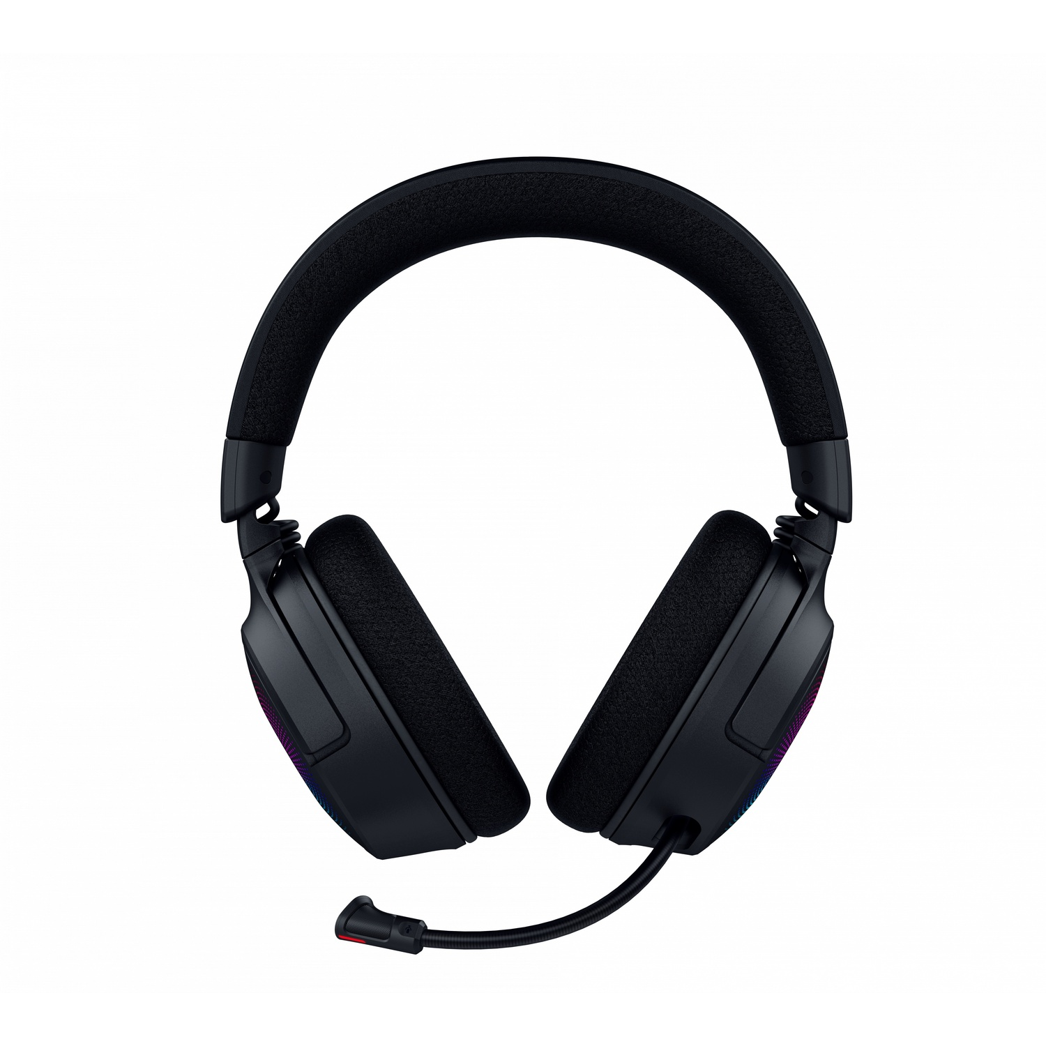 Casque noir avec arceau incurvé, oreillettes et microphone.