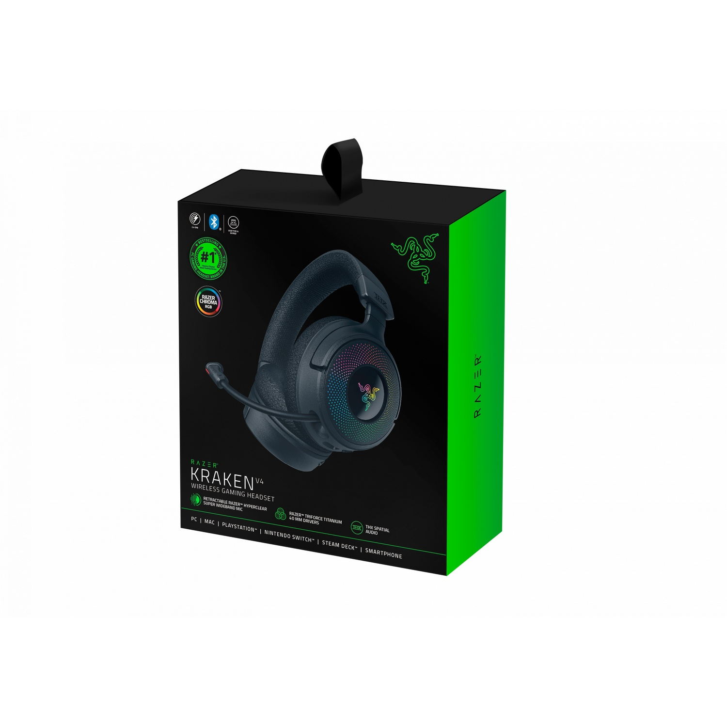 Boîte de casque Razer noire et verte. Le casque est noir.