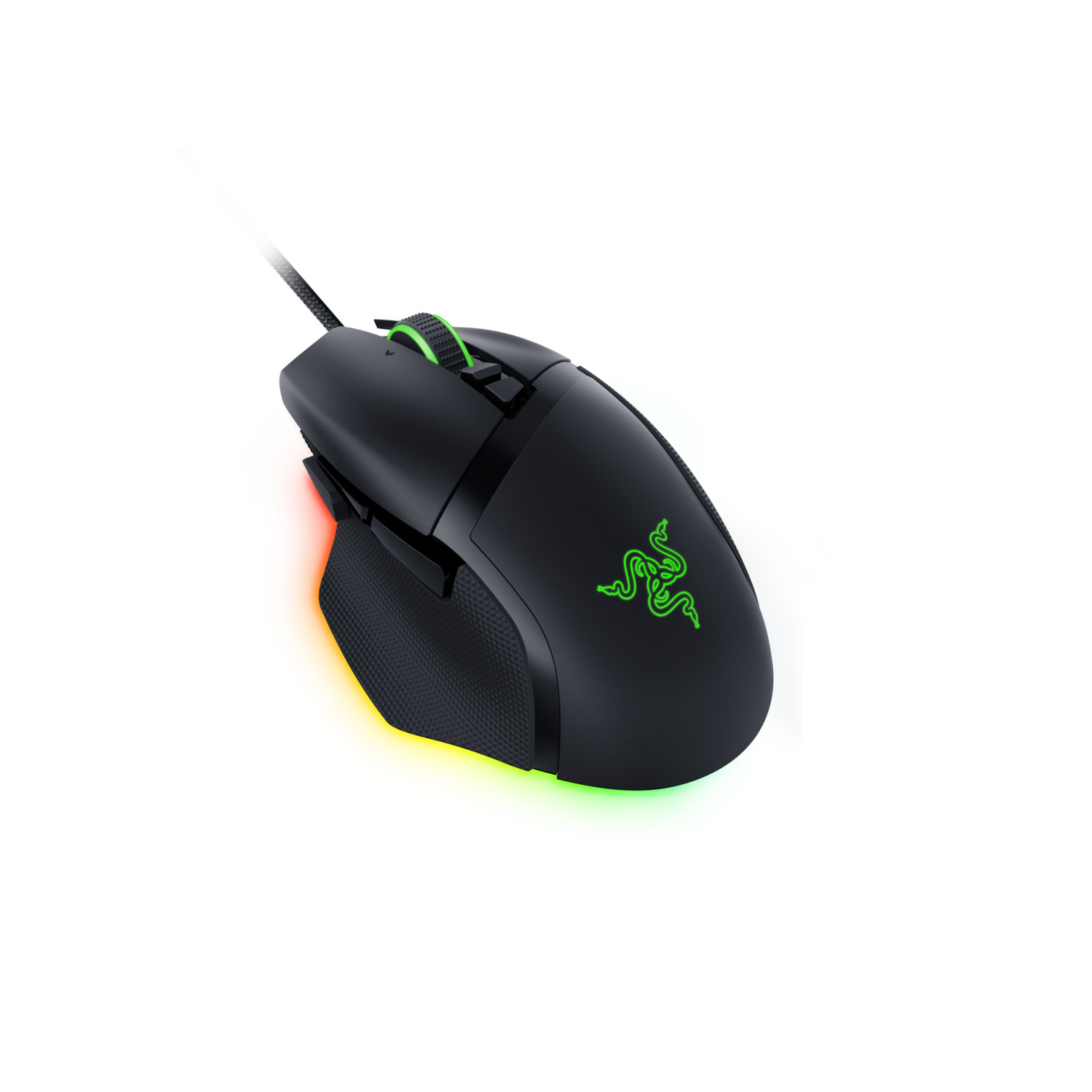 Black Razer gaming mouse with green logo and accents. The mouse has a scroll wheel and side buttons.