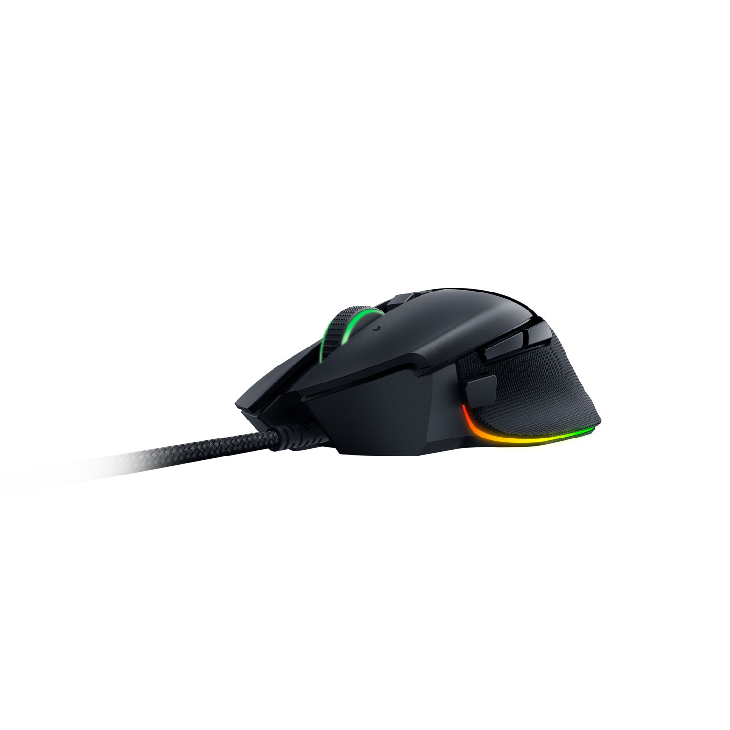 Black gaming mouse with a visible cable, and green and orange lights.