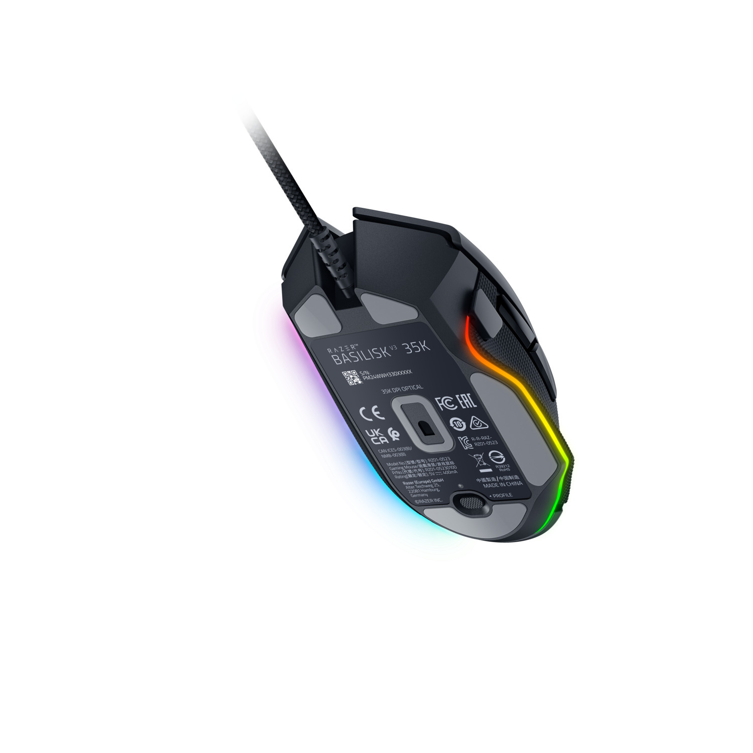 A Razer Basilisk 35K gaming mouse with RGB lighting, bottom view.