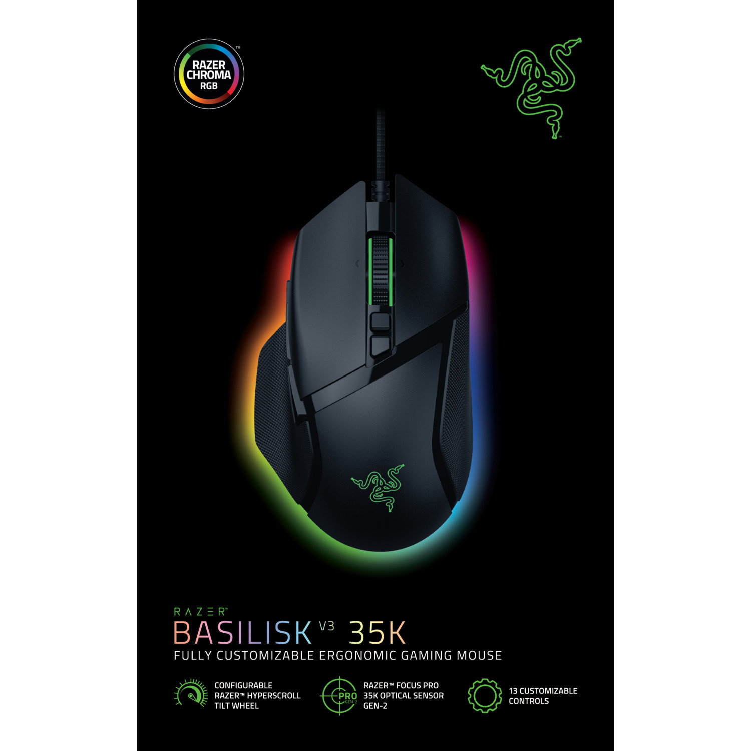 Black gaming mouse with RGB and Razer logo.