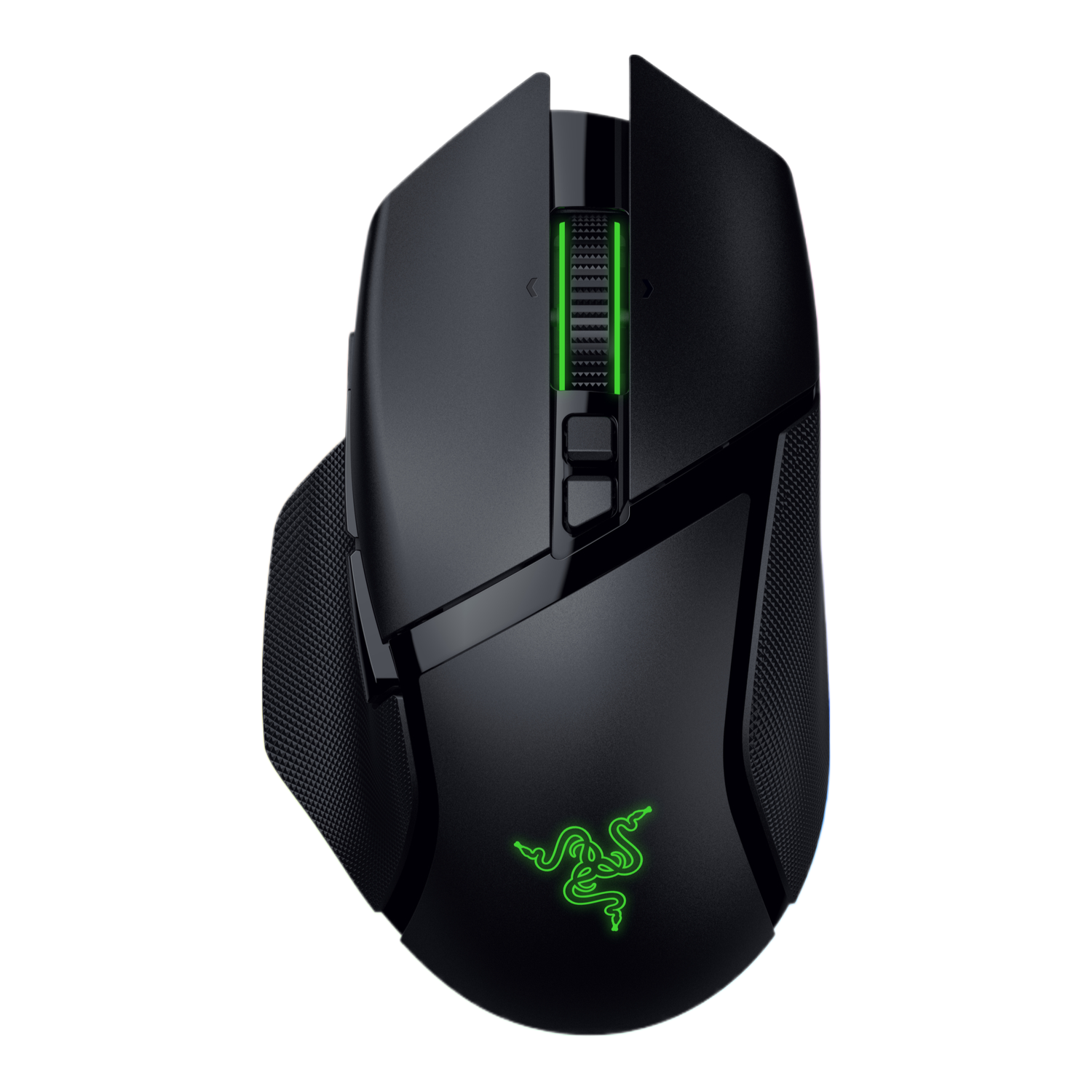 Zwarte Razer gamingmuis. Groen logo, RGB-lichten.