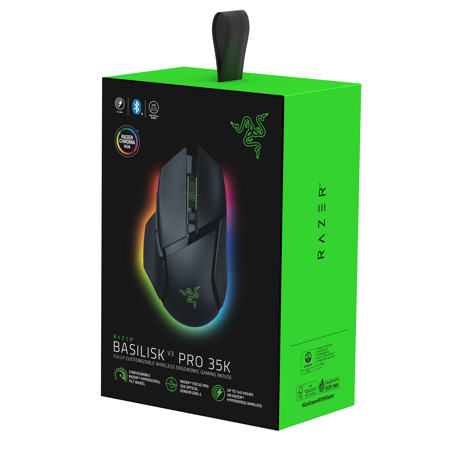 Een zwarte Razer gamingmuis in een groene doos. De doos heeft een Razer-logo en productinfo.