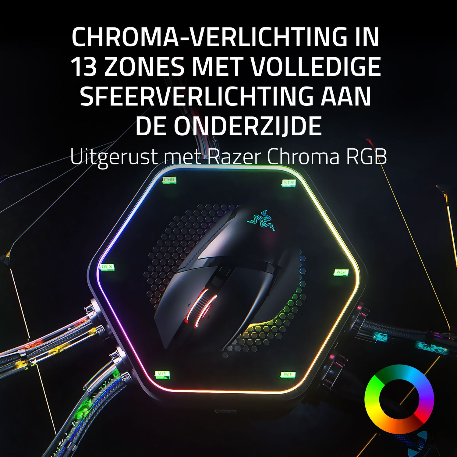 Zwarte muis op een oplaadbasis, met gekleurde lichten.
