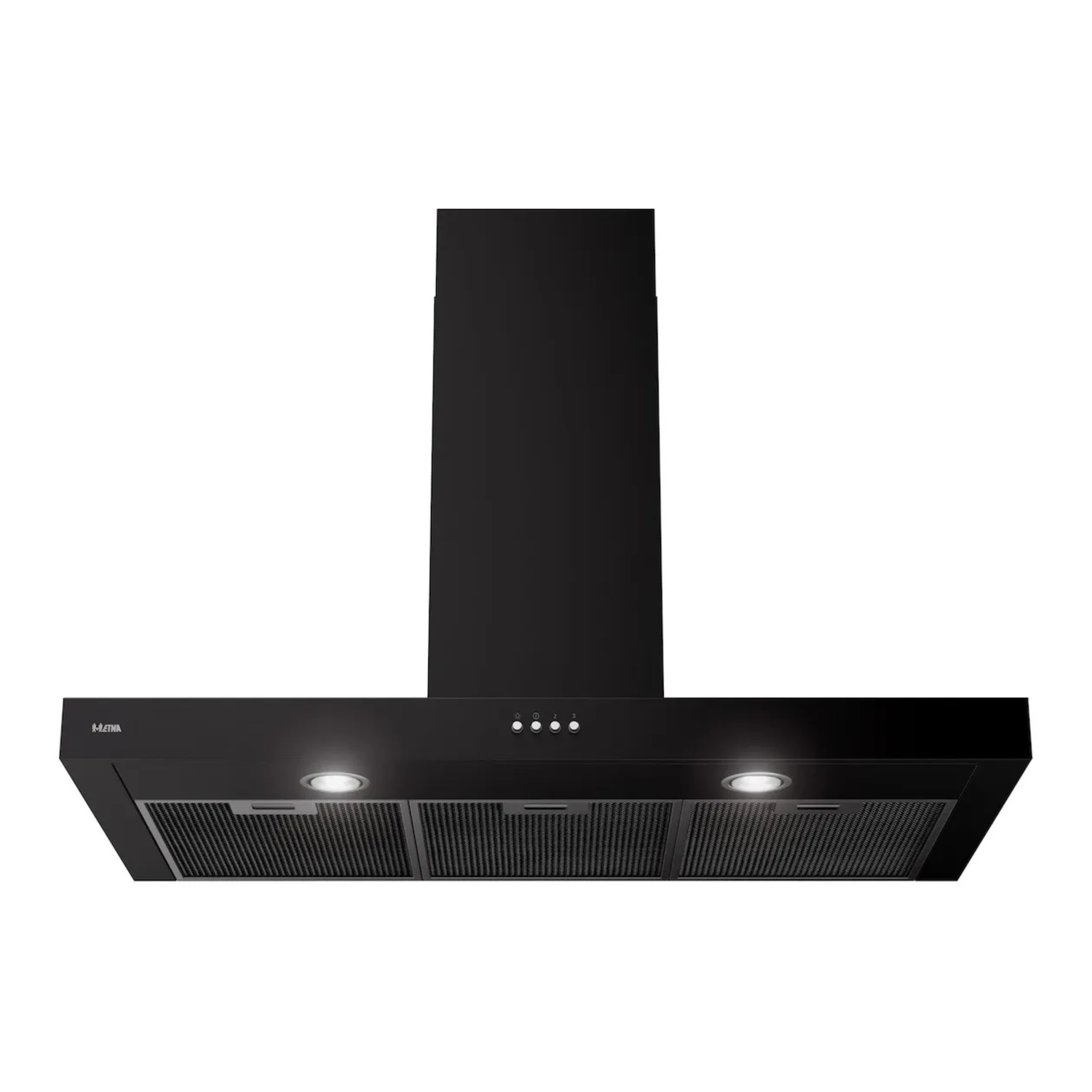 Black range hood with two lights and three buttons.