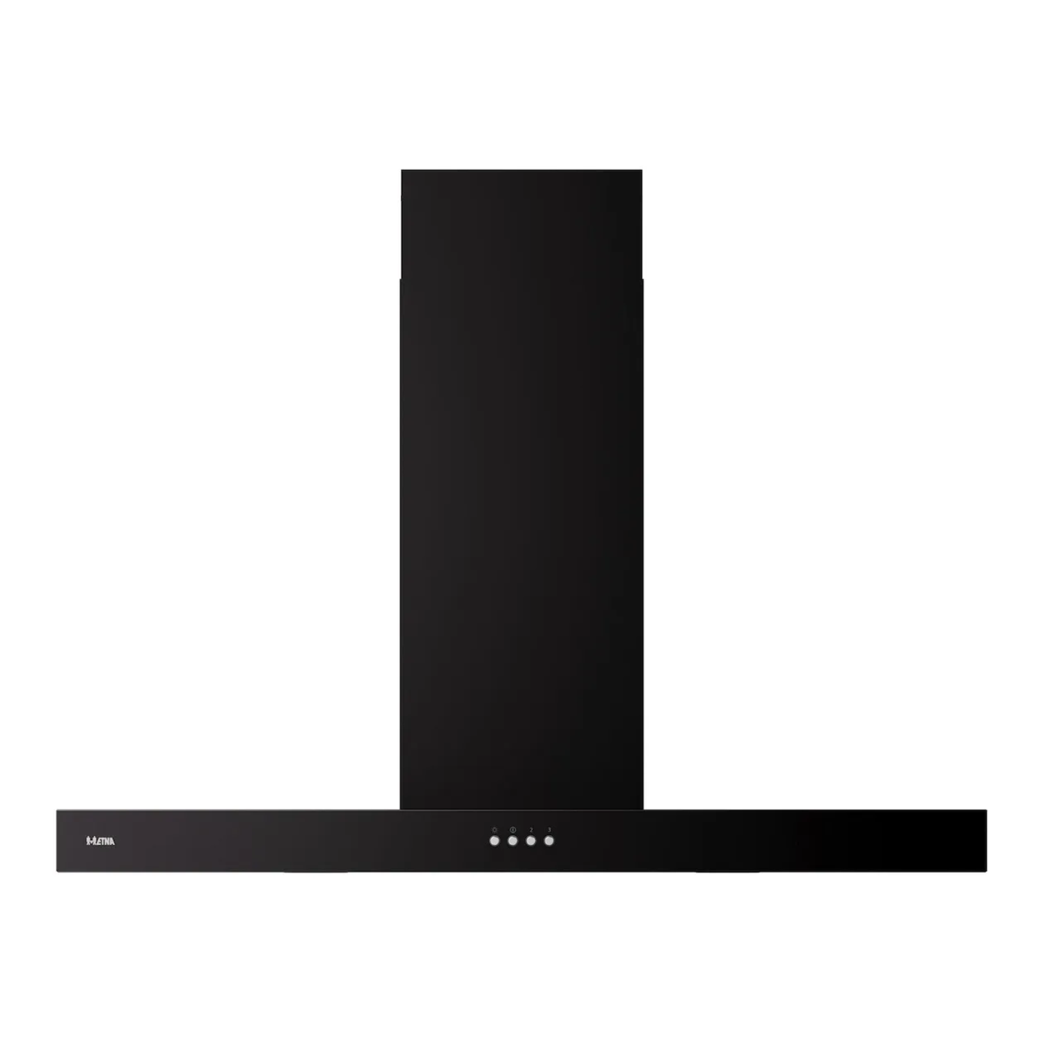 A black range hood with a long rectangular body and three lights.