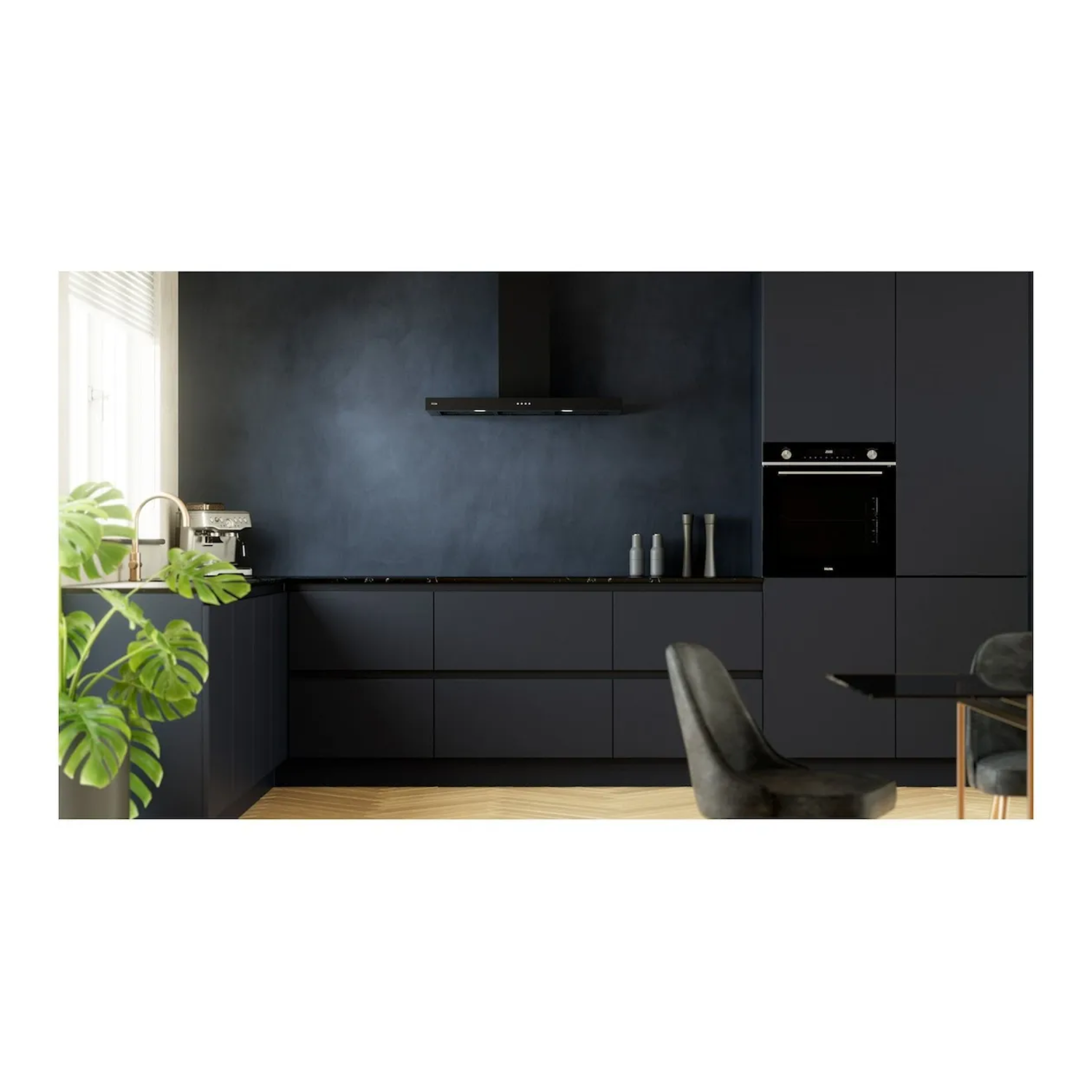 Modern kitchen in dark blue with black cabinets, a black oven, and a black countertop.