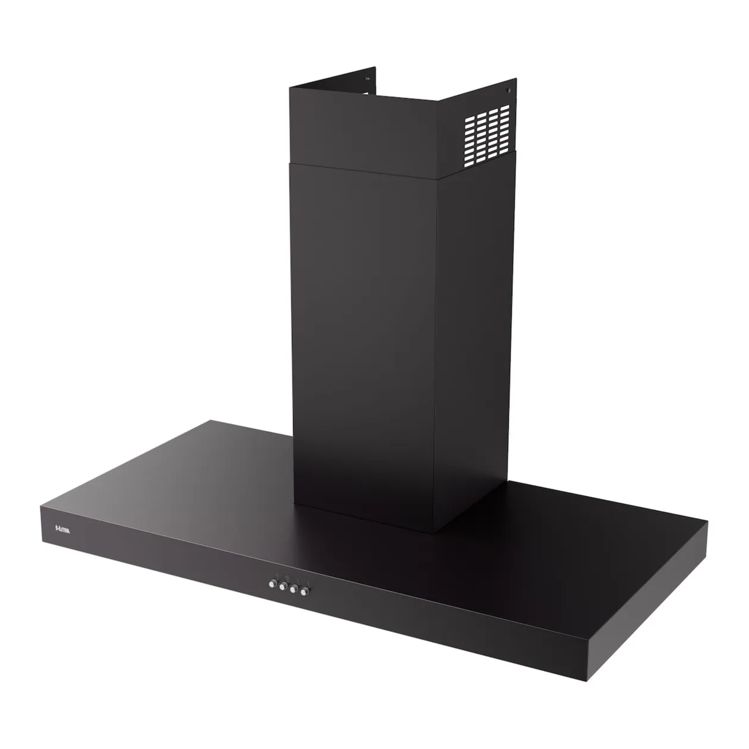 A black kitchen hood with a rectangular base and a tall, square chimney. It has a control panel.