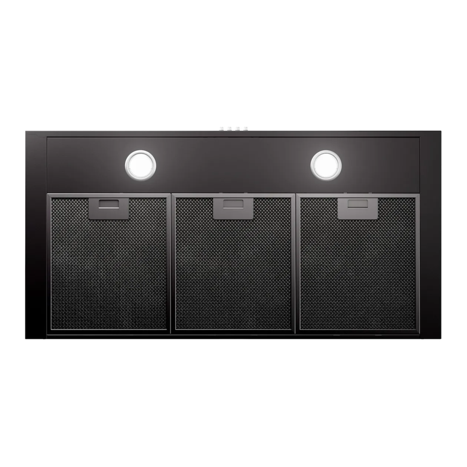 Black range hood with 3 mesh panels and lights. Clean, modern design. White background.