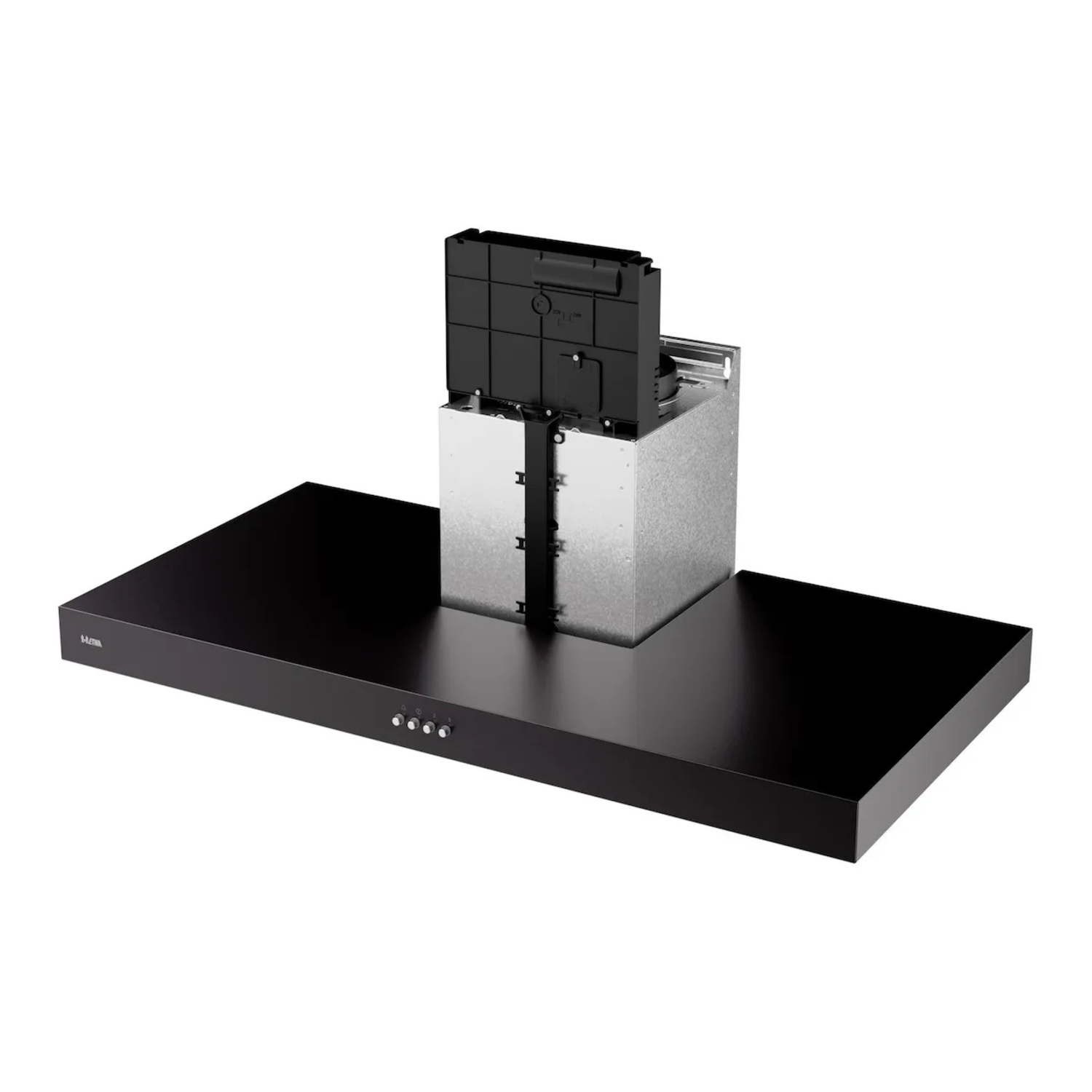 Black range hood mounted on a wall. Background: ceiling.