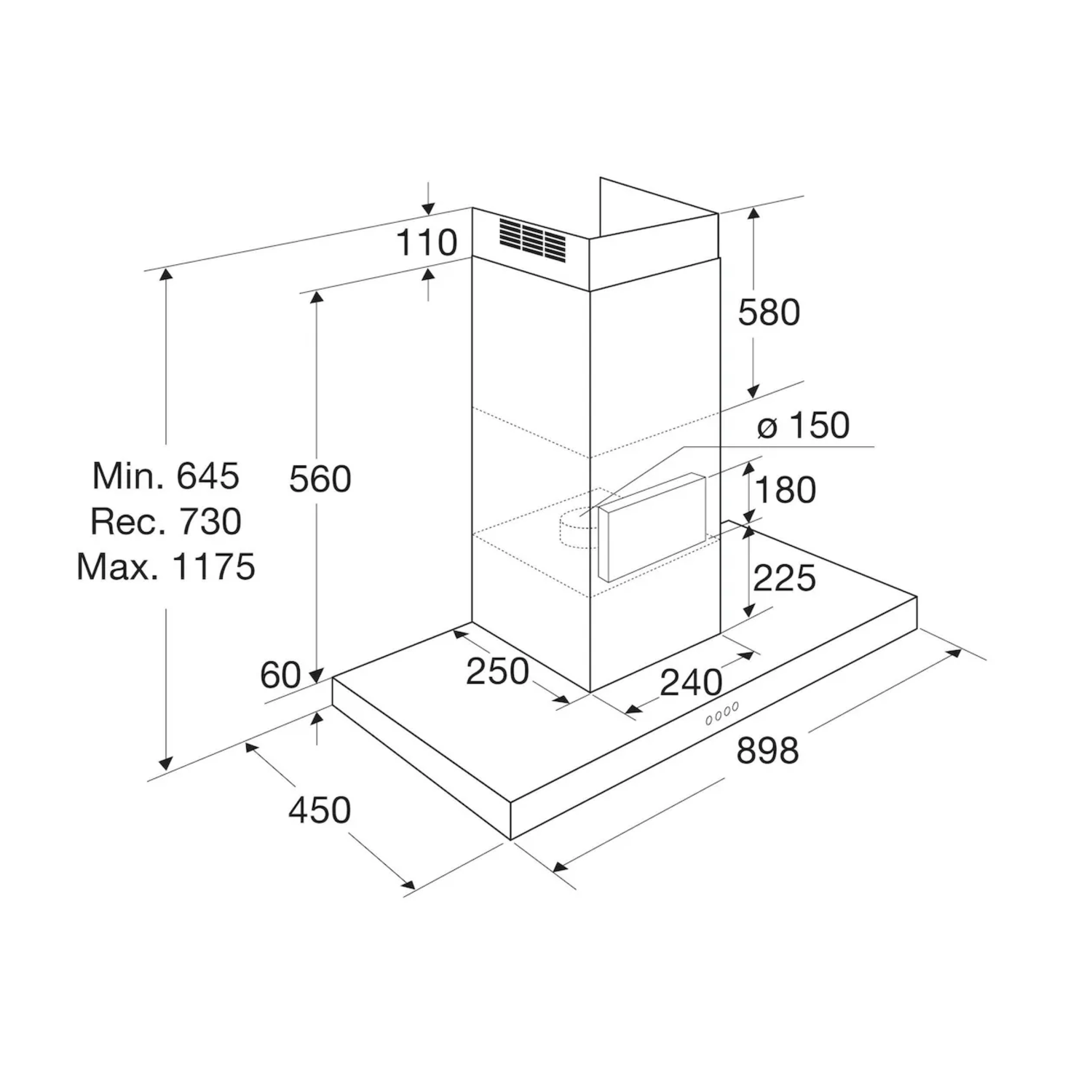 A technical drawing of a kitchen hood with dimensions labeled in millimeters.