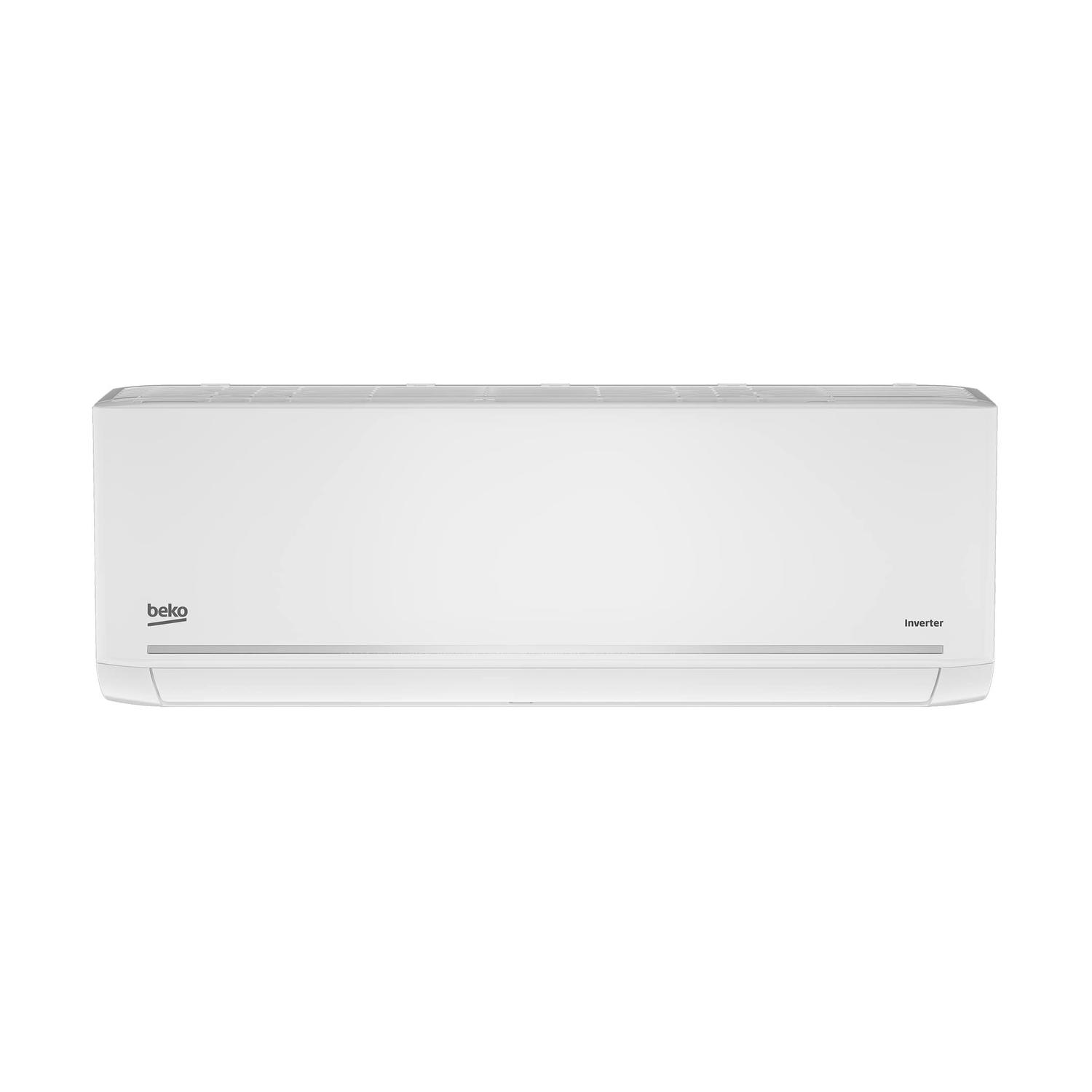 Condizionatore Beko bianco, forma rettangolare, con il nome del marchio.