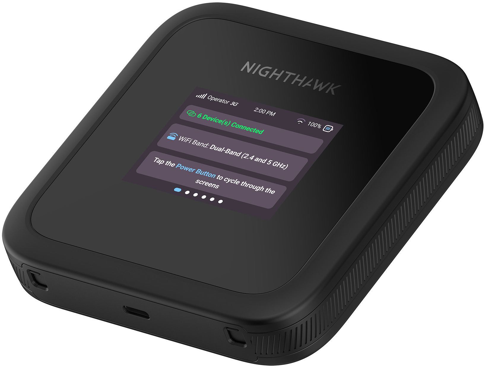 Schwarzer mobiler WLAN-Hotspot mit Bildschirm, der Informationen anzeigt.