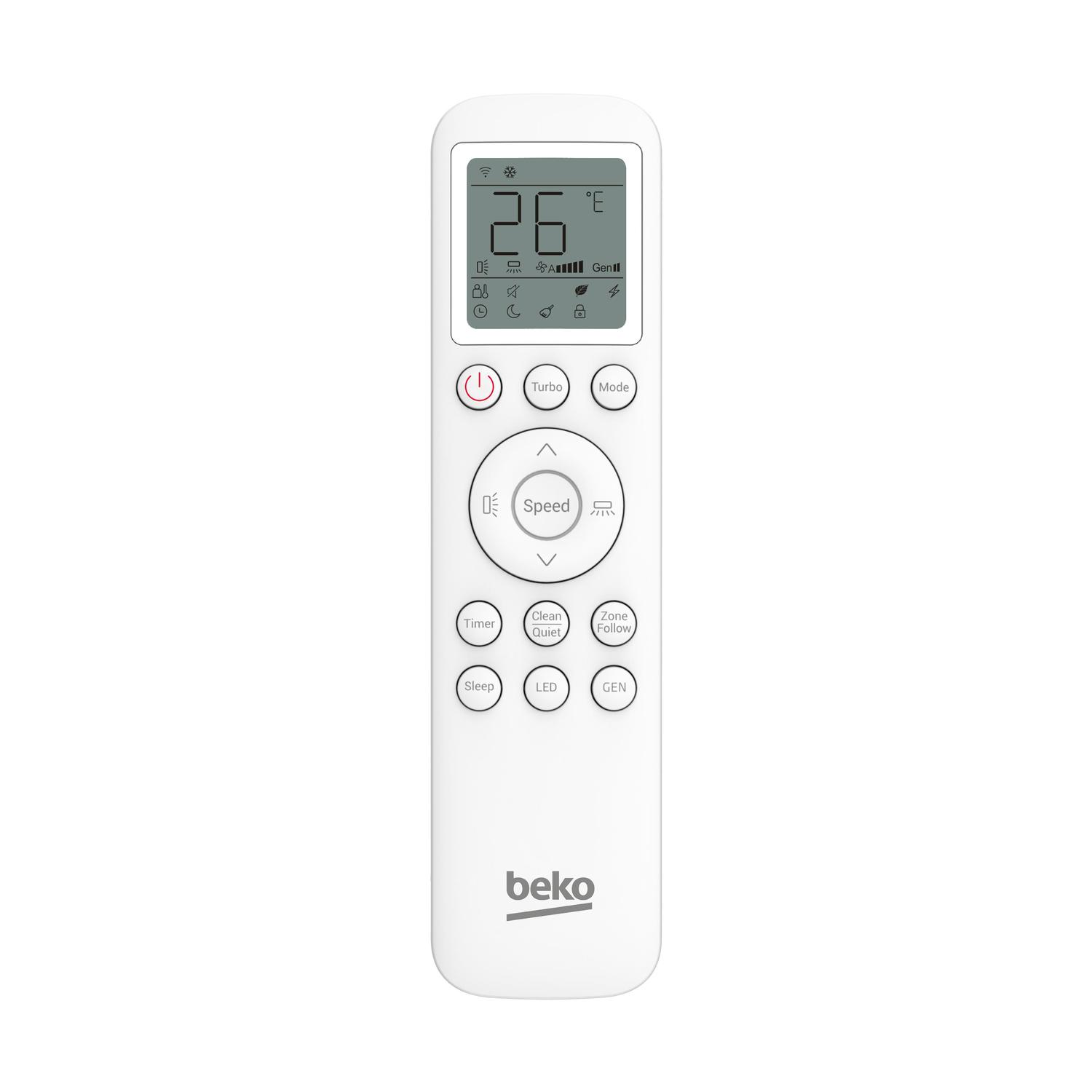 Telecomando Beko bianco con vari pulsanti e display che mostra la temperatura.