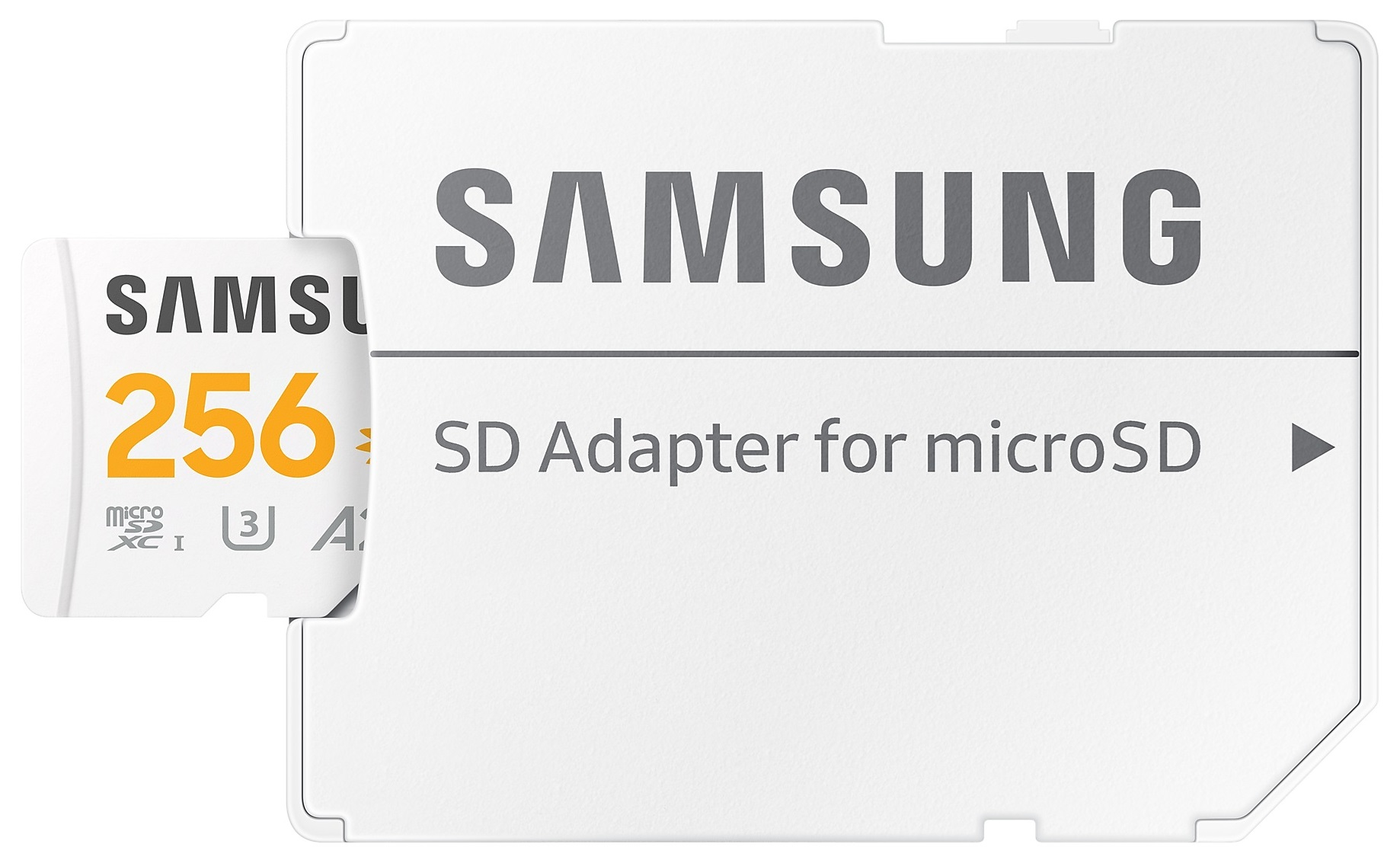Biała karta SD Samsung z adapterem. Napis: 'SAMSUNG', '256', 'Adapter SD dla microSD'.