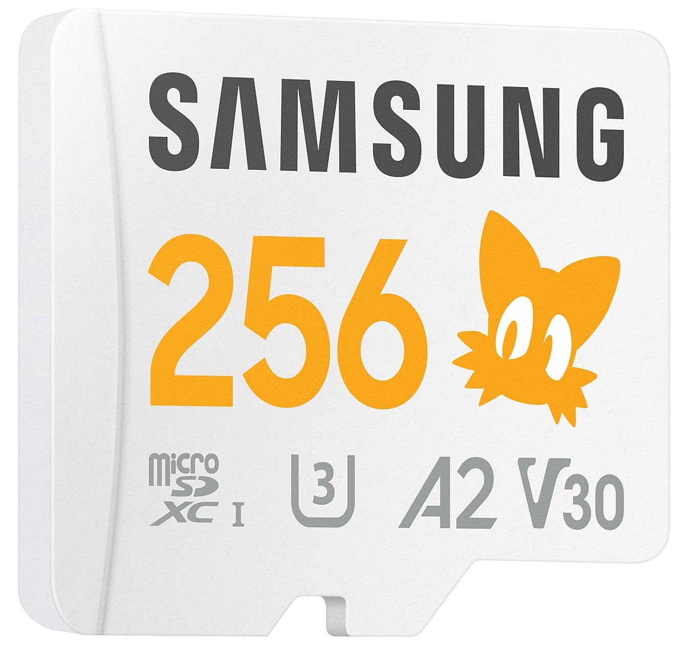 Biała karta microSD Samsung. Napis: 'SAMSUNG', '256' i żółty lis. MicroSD, U3, A2, V30.