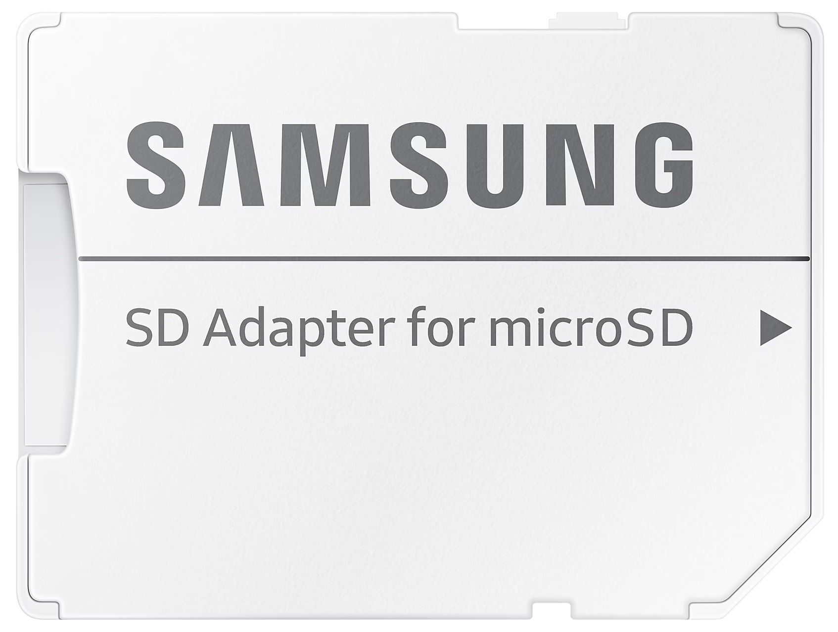 Biały adapter SD do kart microSD, ze słowem SAMSUNG dużymi, szarymi literami.