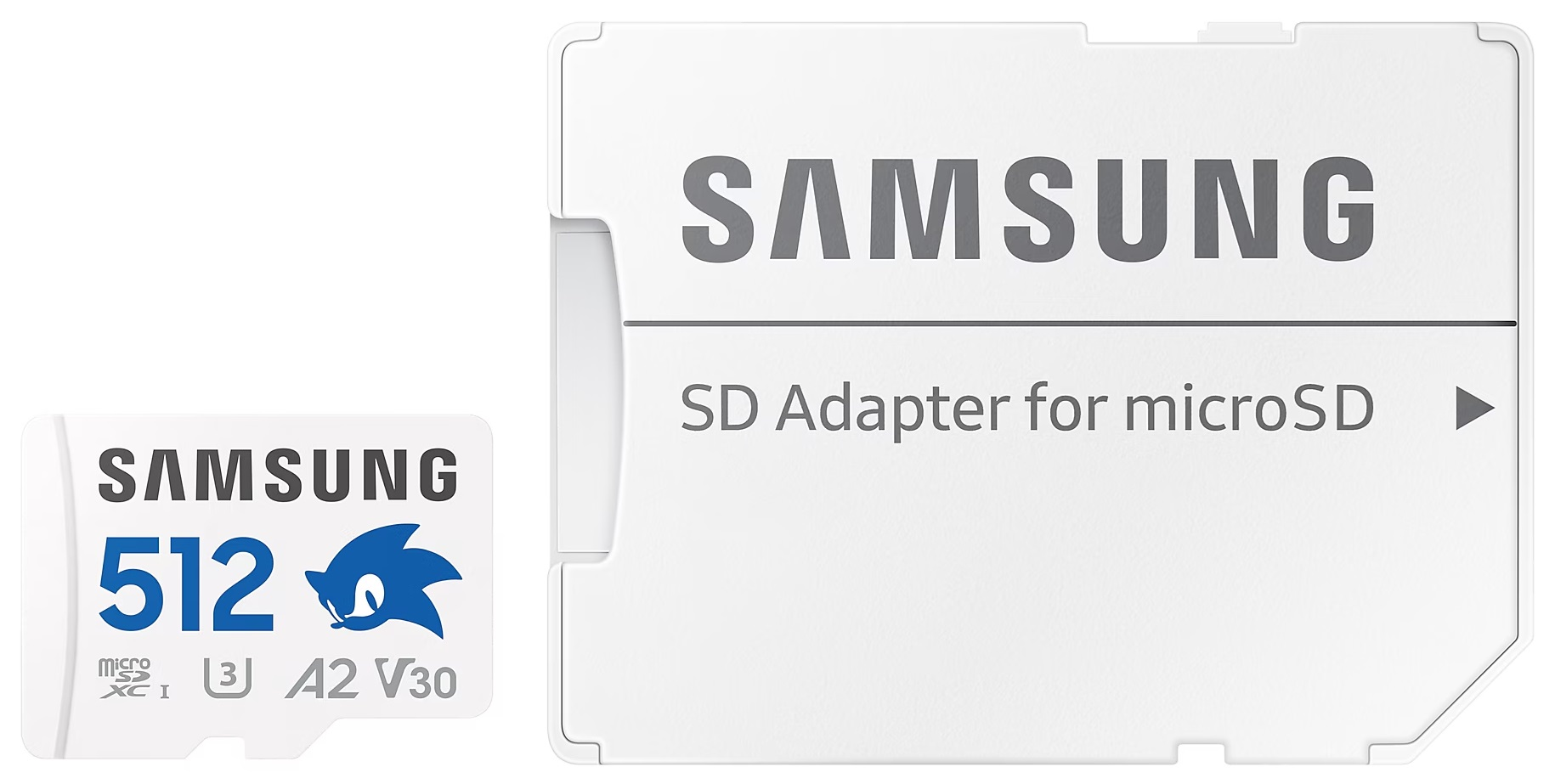 Biała karta SD i adapter Samsung z Soniciem. Tekst '512', 'microSD', U3, A2, V30.