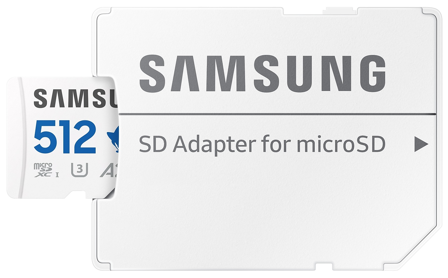 Biała karta SD i adapter Samsung. Napis: 'SAMSUNG', '512' i logo Sonica.