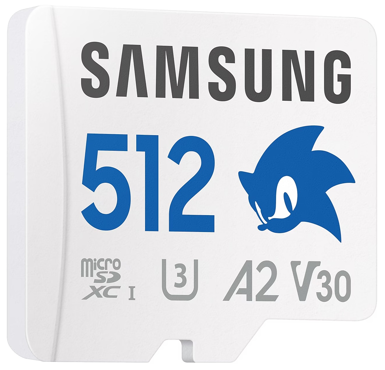 Biała karta microSD z niebieskim '512' i logo Sonica. Marka Samsung. Micro SDXC I, U3, A2, V30.