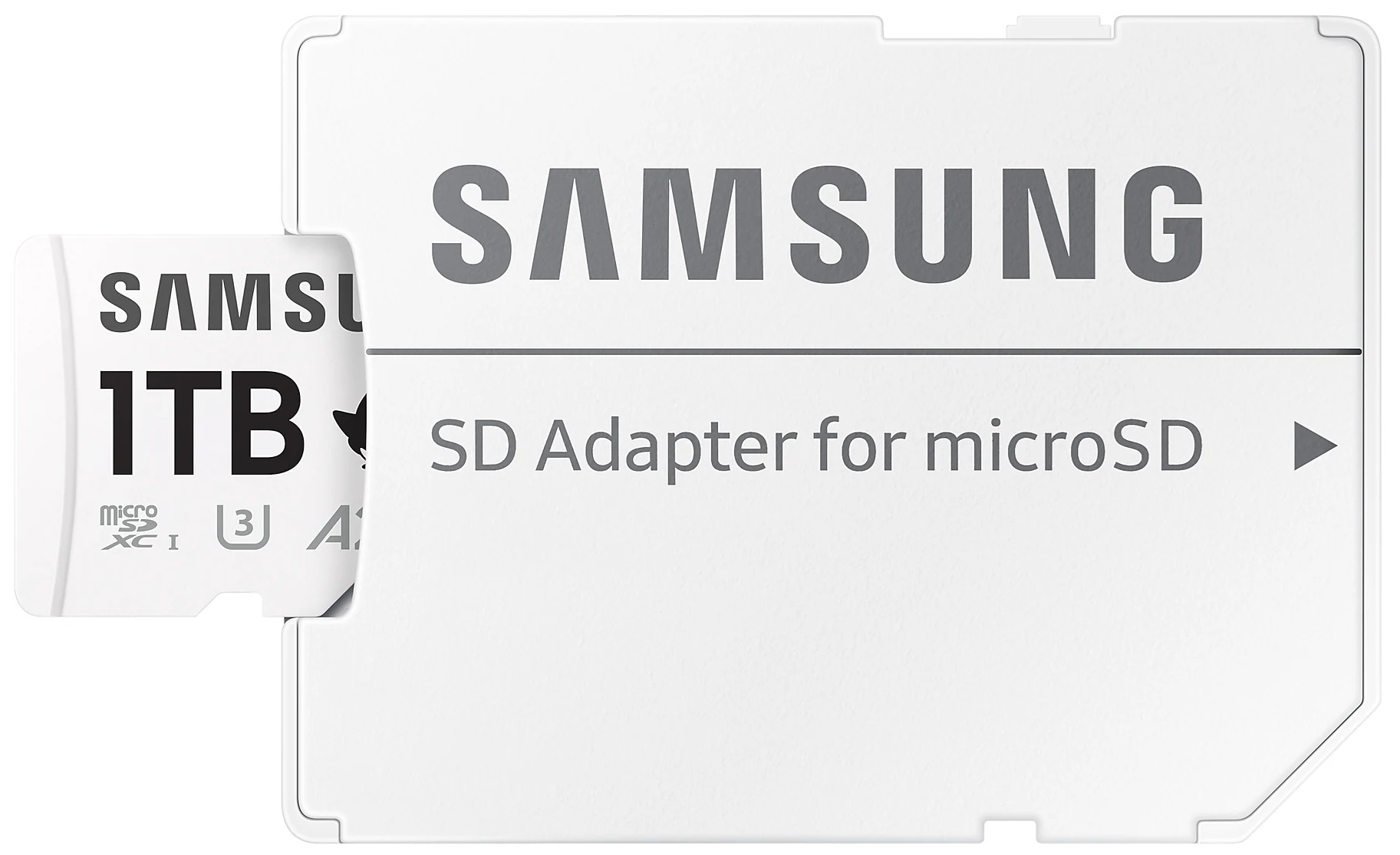 Biała karta SD i adapter Samsung, tekst na karcie i adapterze.