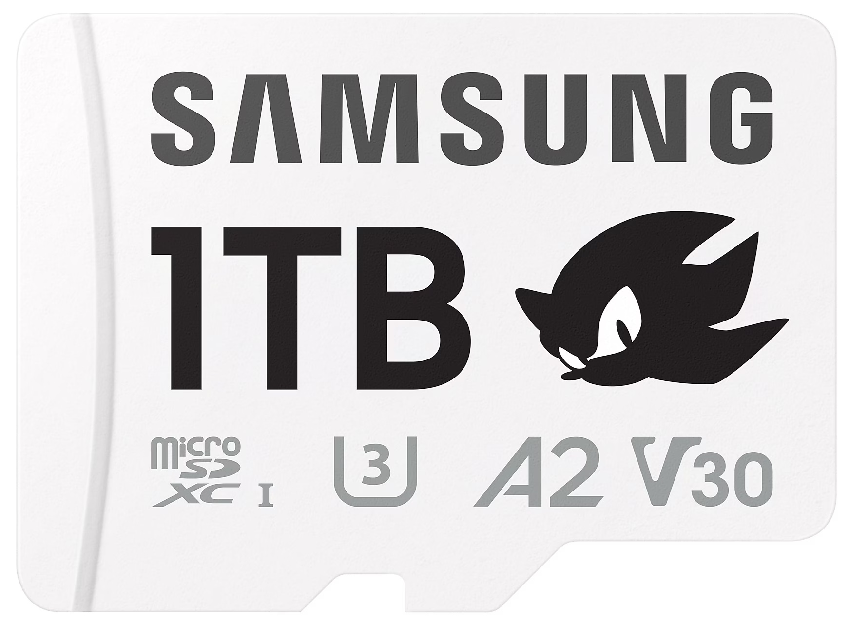 Biało-szara karta MicroSD Samsung z logo Sonic na białym tle.