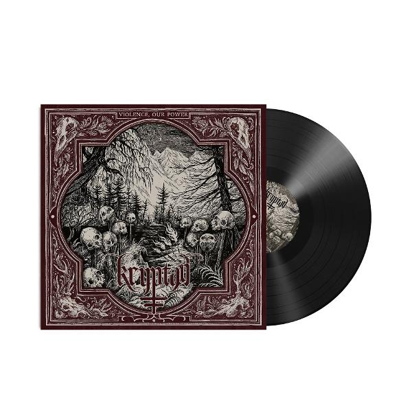 Album borító: Egy bakelit lemez az album borítója mellett, koponyákkal és egy sötét tájjal.