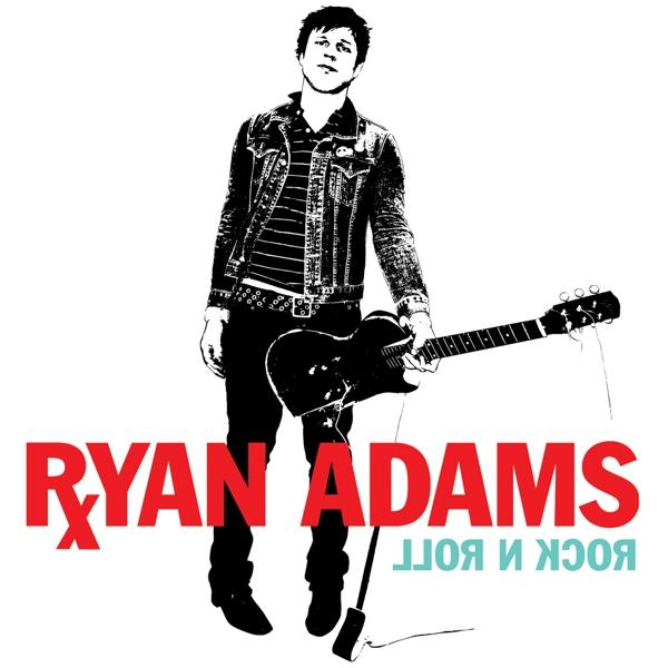 Ryan Adams gitárral, fehér háttér, 'RYAN ADAMS' és 'ROCK N ROLL' felirattal.