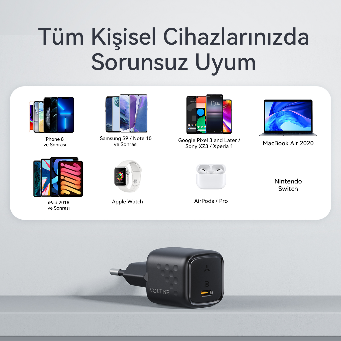 Telefonlar ve dizüstü bilgisayarlar gibi çeşitli cihazlara sahip bir priz adaptörü. Metin diyor ki: