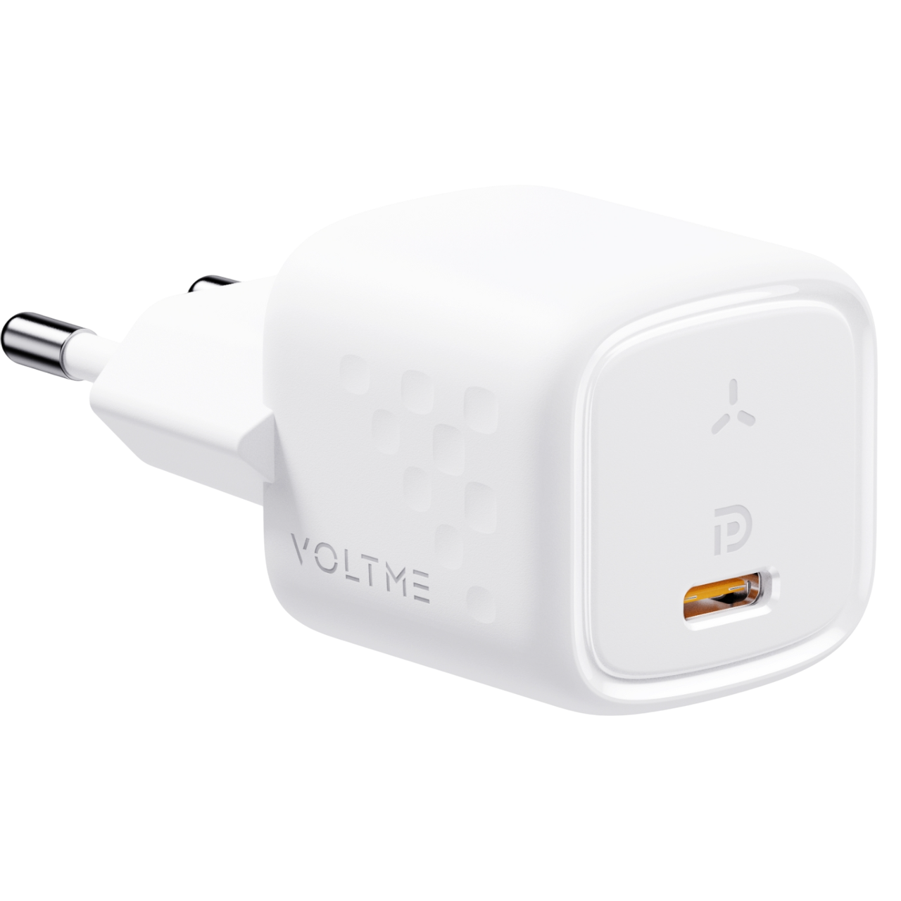Voltme logosu ve bir USB bağlantı noktası olan beyaz bir şarj cihazı.