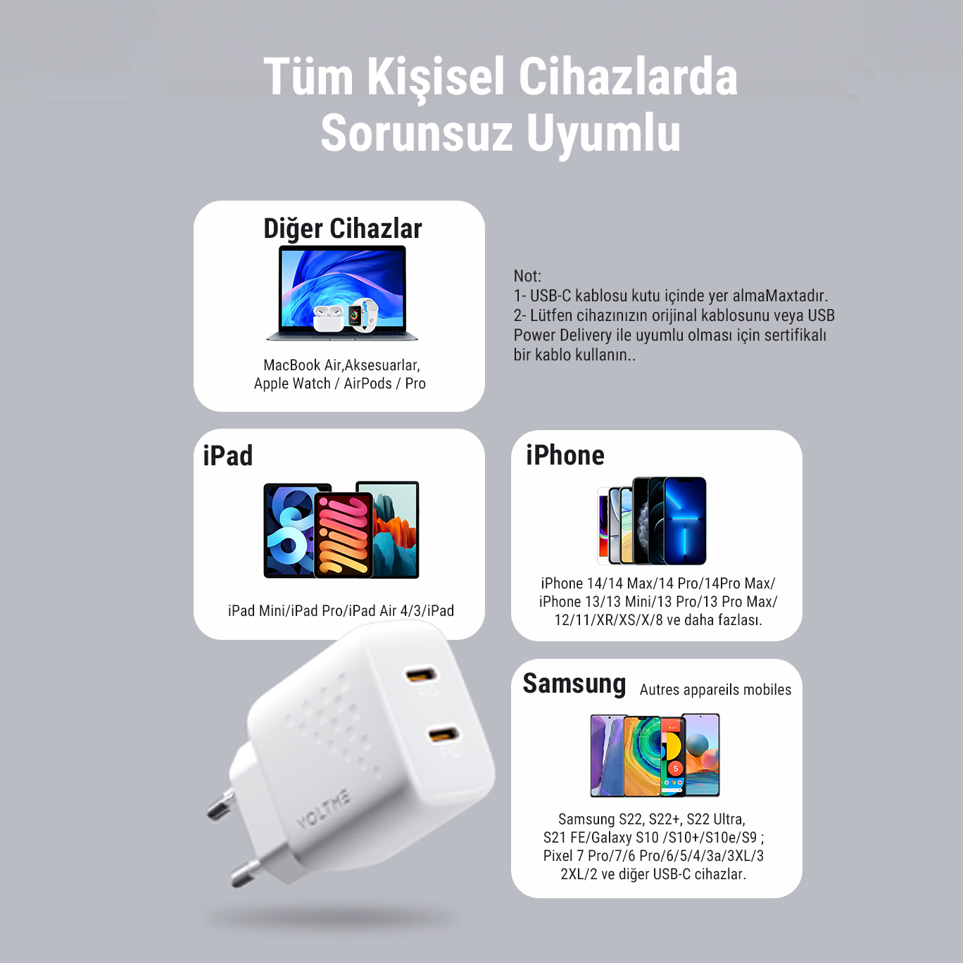 Telefonlar ve tabletler dahil olmak üzere çeşitli cihazların, iki uçlu bir şarj cihazıyla grafiği.