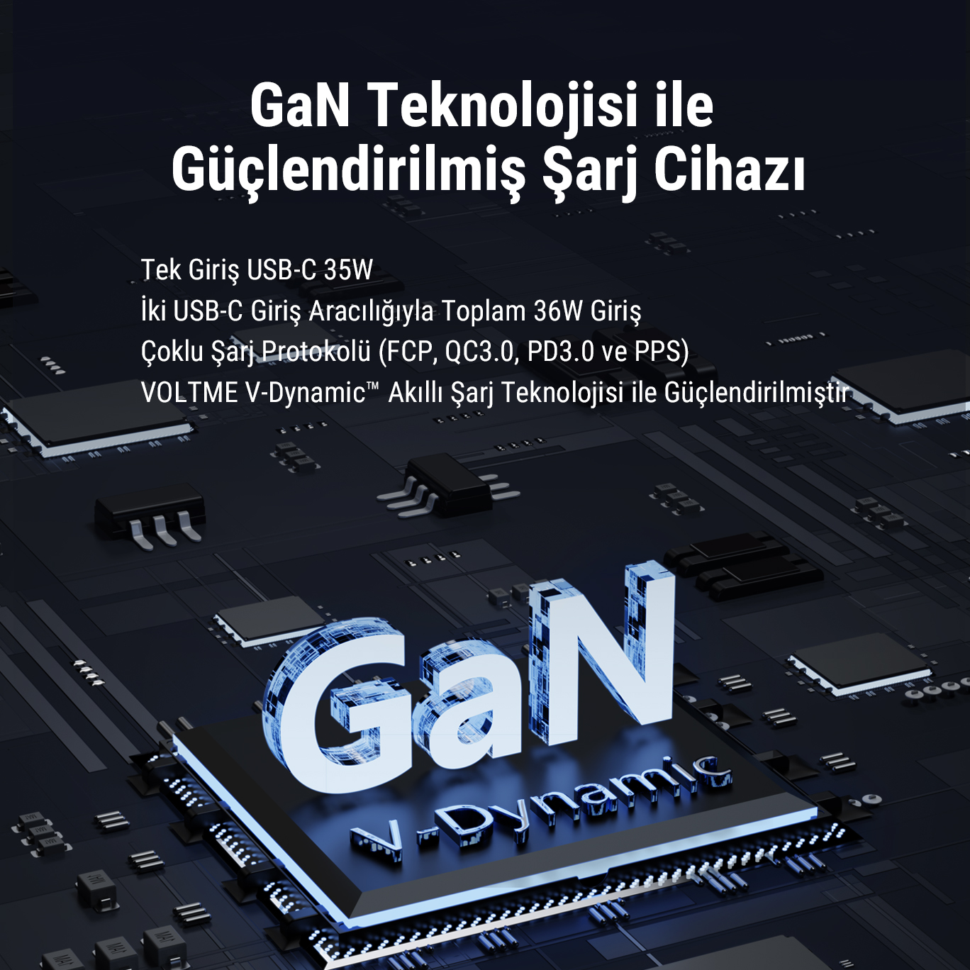 USB-C bağlantı noktaları ve GaN teknolojisi gibi özellikleri açıklayan metinle bir şarj cihazının yakın çekimi.