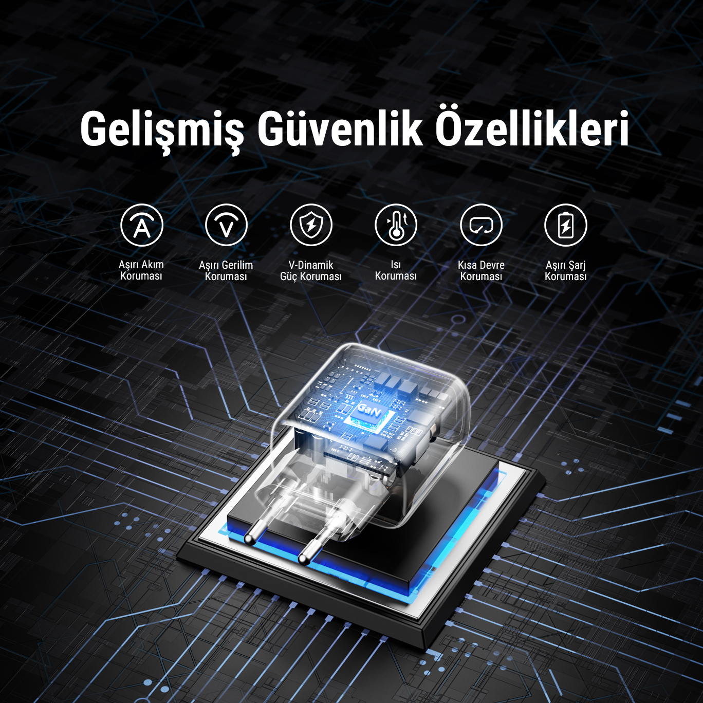 Koruma simgeleri olan bir şarj cihazı: aşırı akım, aşırı gerilim, kısa devre, V-Dinamik güç, ısı ve aşırı şarj.