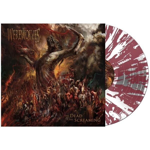 Albumcover für Werewolves, mit einer verstörenden Illustration und einer rot-weißen Vinyl-Schallplatte.