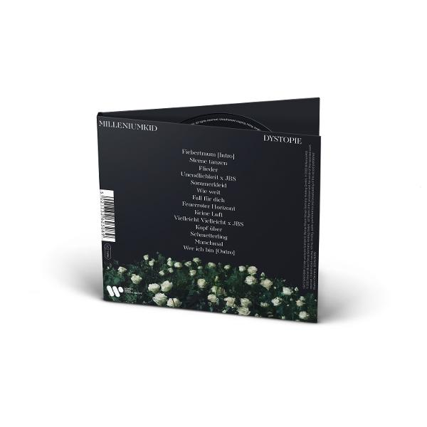 Geöffnete CD-Hülle, zeigt die CD und eine Titelliste in dunklen Tönen mit weißen Rosen unten.