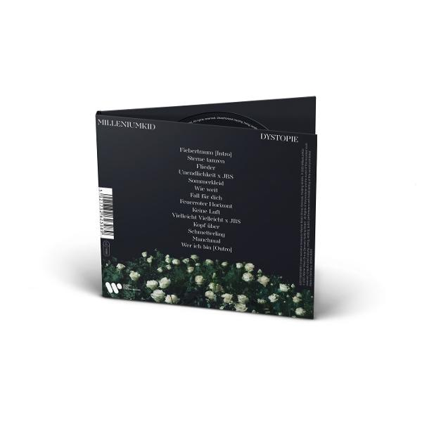 Geöffnete CD-Hülle, mit Tracklist links und Blumendesign rechts.