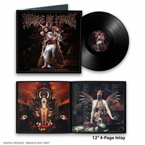 Vinyl-Schallplatte und Albumcover mit gotischer Kunst, Figuren und Bandnamen. Die Platte ist schwarz.