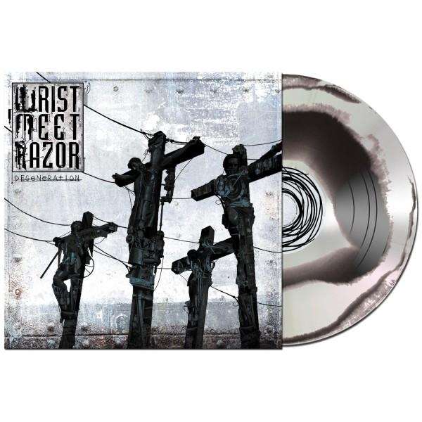 Schallplatte mit Cover: Dunkle Figuren an Kreuzen, Bandlogo "Wrist Meet Razor".