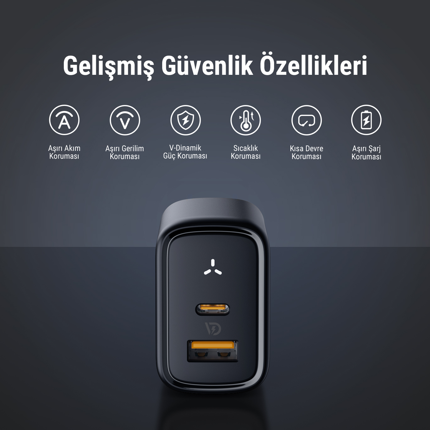 İki turuncu bağlantı noktasına sahip siyah şarj cihazı ve arka planda güvenlik özelliği simgeleri.