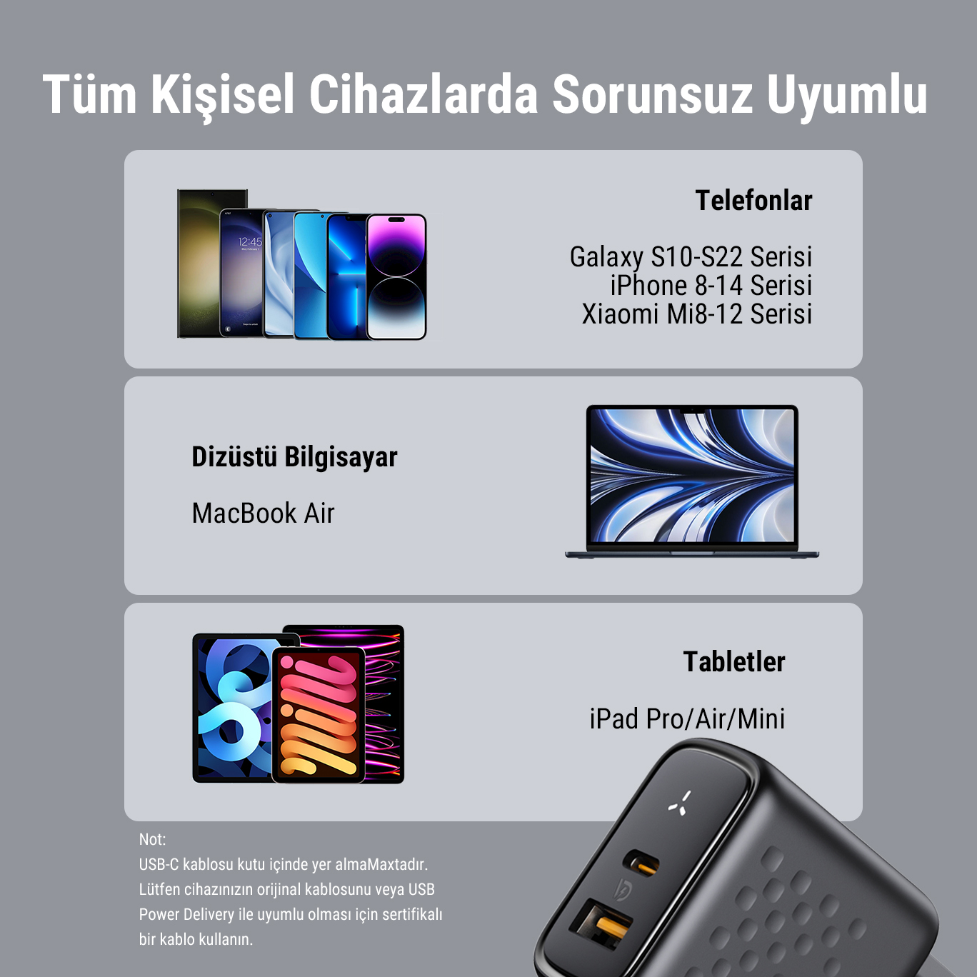 Uyumlu cihazları listeleyen bir grafik: telefonlar, dizüstü bilgisayarlar ve tabletler, örnek modellerle.