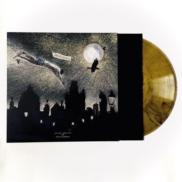 Schallplattenhülle mit Taucherfigur, Vollmond und Silhouette einer Stadt.