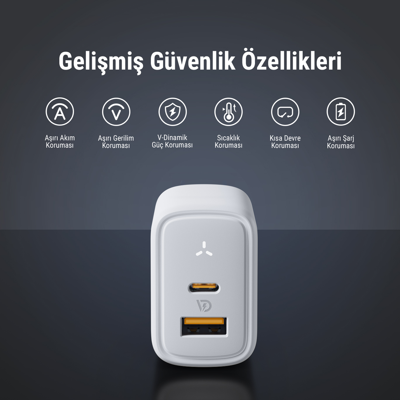 İki bağlantı noktalı beyaz bir şarj cihazı ve güvenlik özelliklerinin diyagramı.