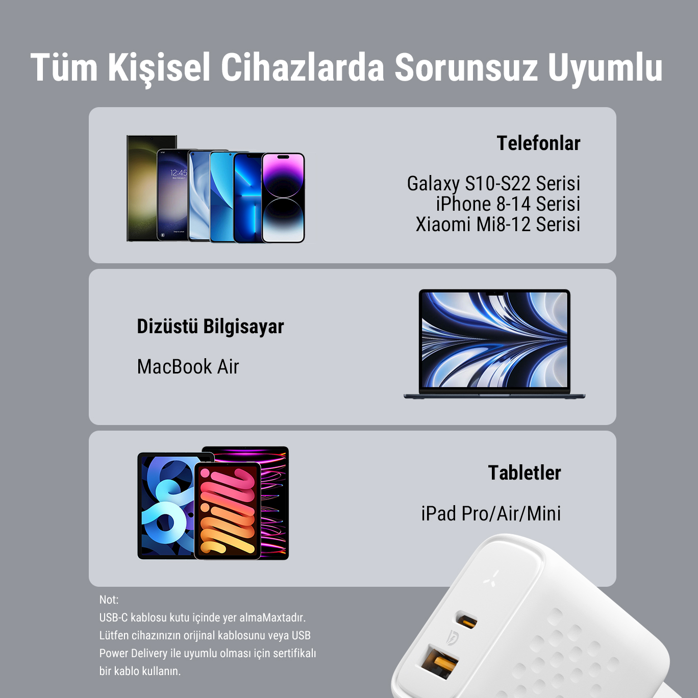 Metin içeren telefonları, dizüstü bilgisayarları ve tabletleri gösteren bir reklam.