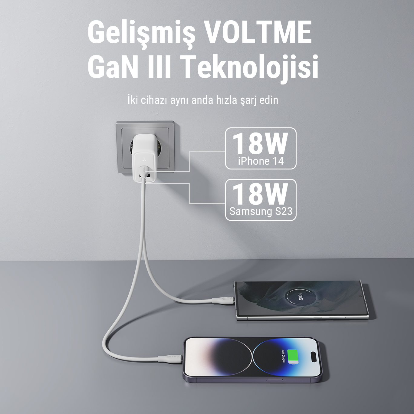Bir prize takılı beyaz bir şarj cihazı, bir iPhone ve bir Samsung telefonu şarj ediyor.